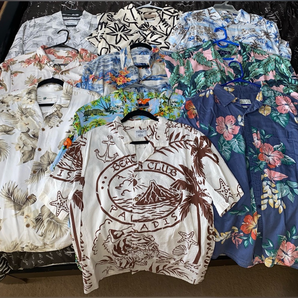 10pc Men’s Hawaiian Shirts Size L & One M Lot – Tropical Floral Aloha Bundle